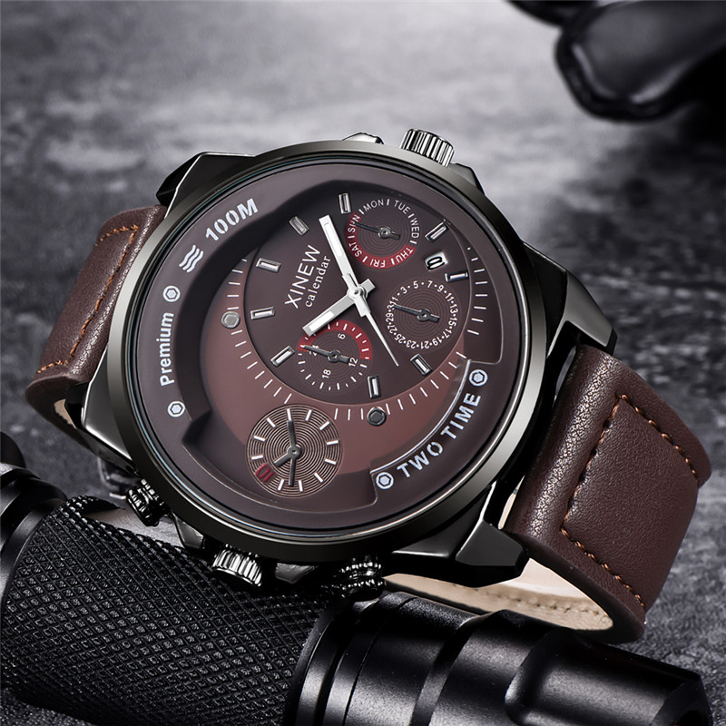 Leather Watch Band Men - Original XINEW marque hommes montres noir